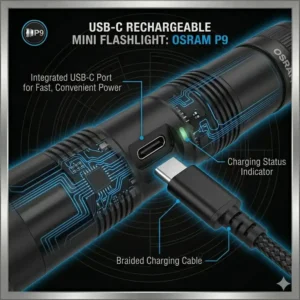 Close-up of the USB-C charging port on the smallest most powerful flashlight for fast and convenient power.