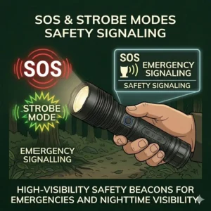 A graphic highlighting the SOS and strobe safety modes on a modern walking flashlight.