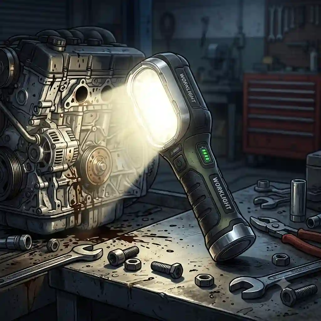 A heavy-duty work flashlight illuminating a dark automotive repair shop.