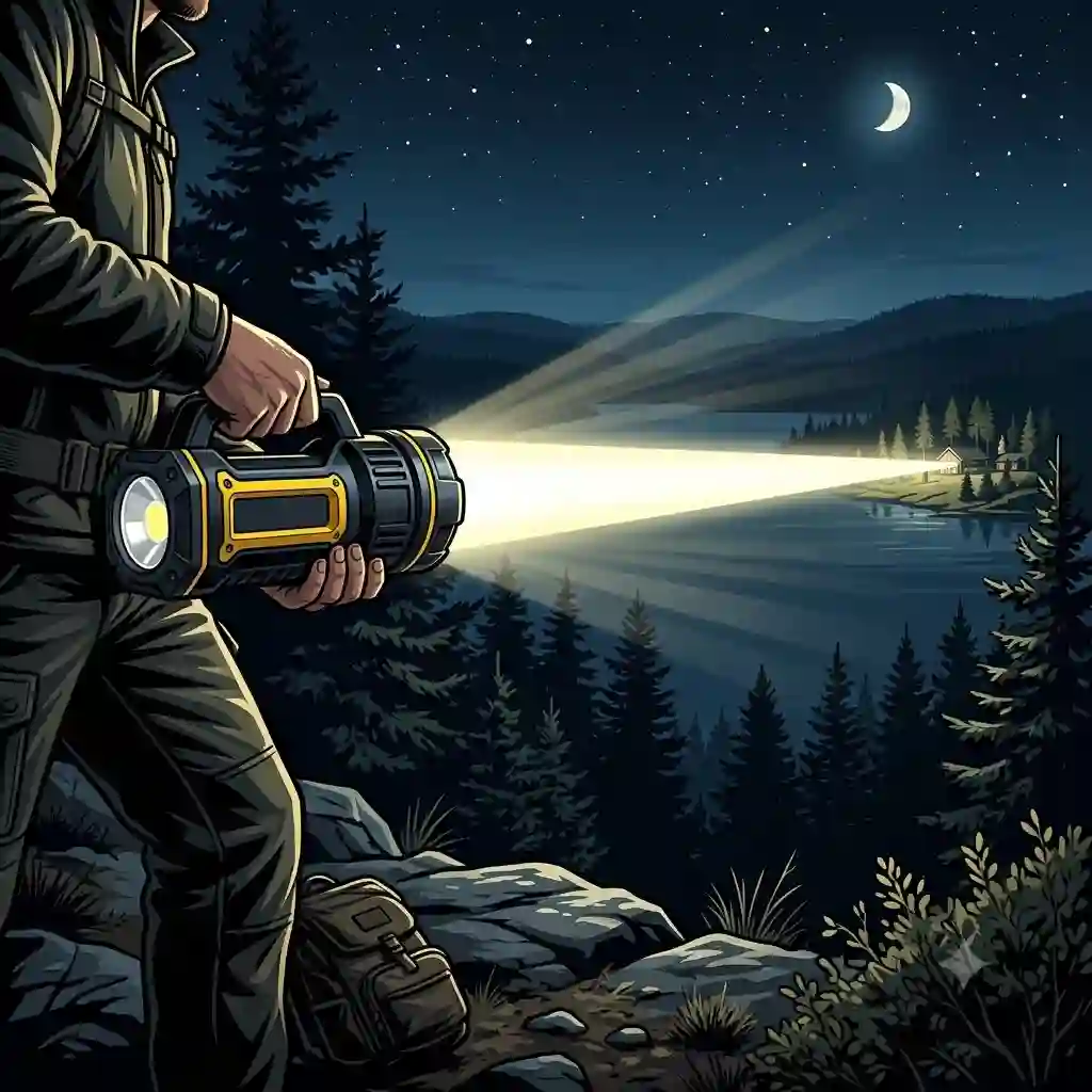A high-power handheld LED spotlight casting a bright, concentrated beam across a dark lake toward distant mountains, showcasing the best spotlight for long distance visibility.