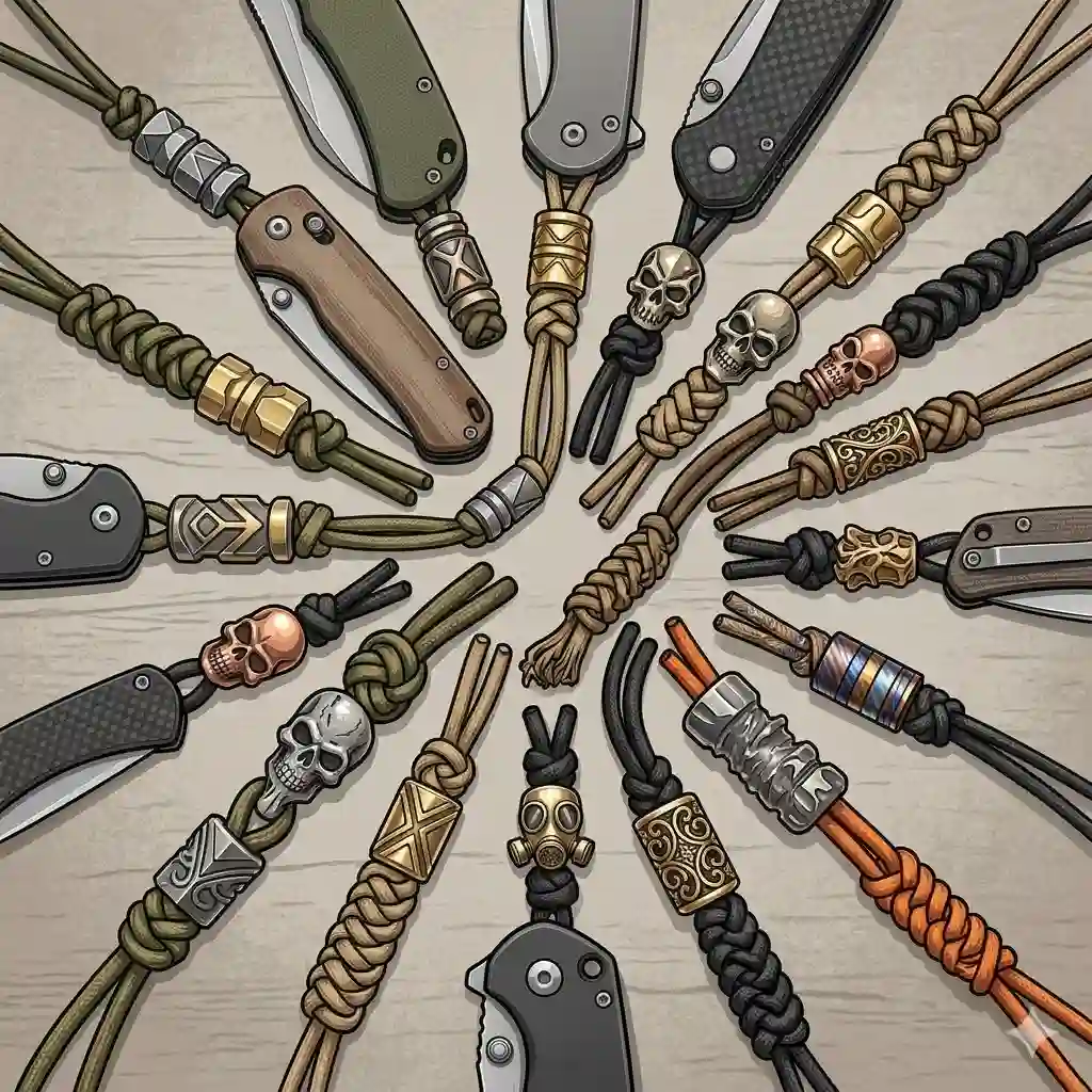 A curated collection of custom titanium and brass knife beads attached to paracord lanyards on pocket knives.