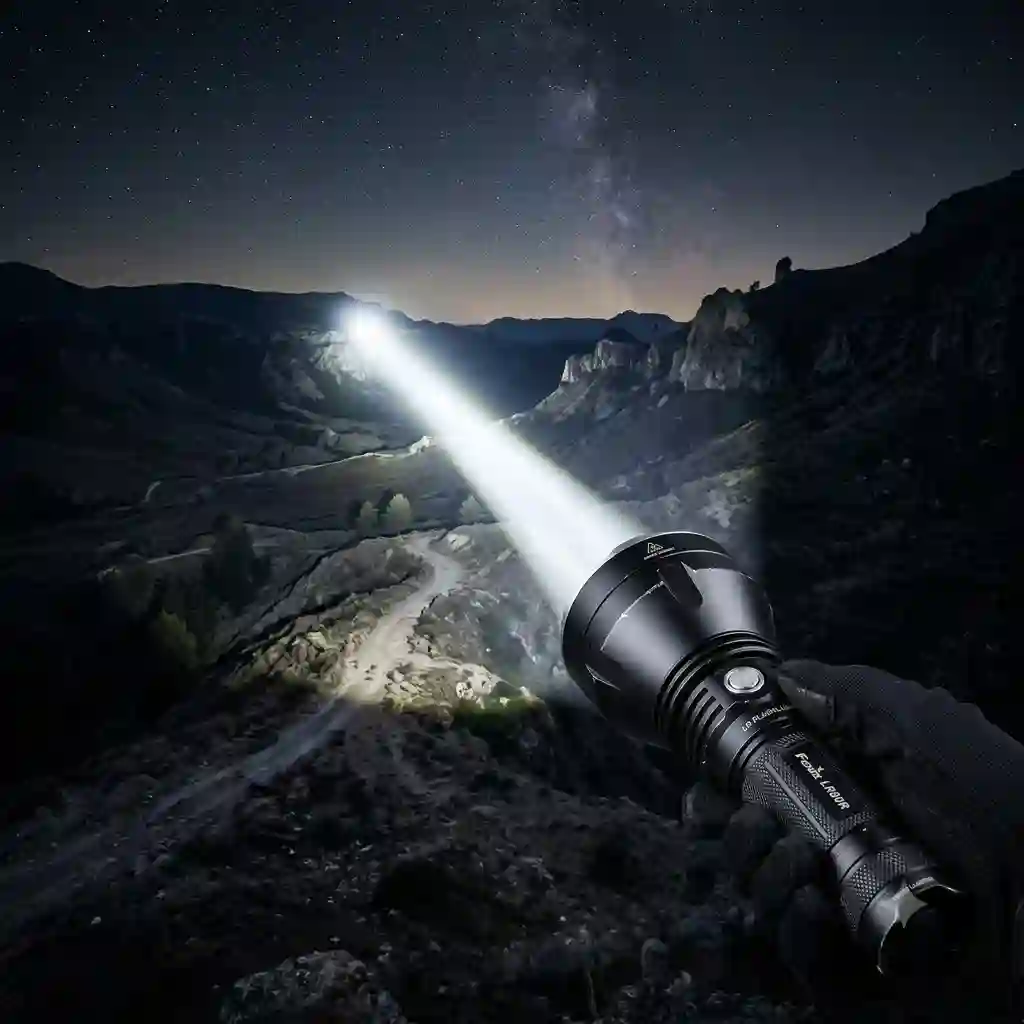 A powerful long range flashlight casting a bright, concentrated beam of light across a dark valley into the night sky.