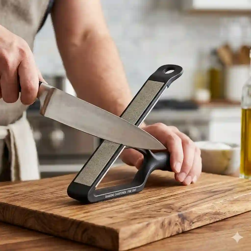 A premium diamond sharpener is used to sharpen a chef's knife on a wood cutting board.