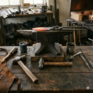 A sturdy blacksmith anvil used as one of the foundational knife forging tools for shaping steel blades.