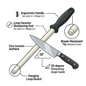 An illustrated diagram showing the key parts of a ceramic knife sharpening rod, highlighting the ergonomic handle and break-resistant tip.