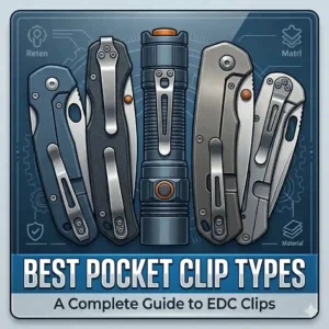 A side-by-side comparison diagram of a deep-carry pocket clip versus a standard pocket clip inside a pants pocket.