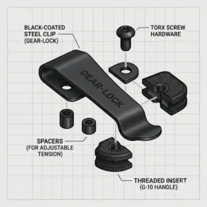 Technical diagram showing an exploded view of the components, screws, and spacers of a modern knife belt clip.