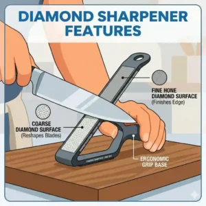 A diagram illustrating the anatomy and main features of a modern diamond sharpener.