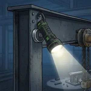Hands-free magnetic work flashlight attached to a steel beam for overhead lighting.