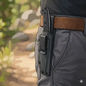 A technical diagram of a custom molded Kydex outdoor gear setup featuring an adjustable polymer knife sheath belt clip.
