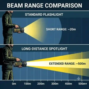 An infographic comparing the beam distance of standard flashlights versus the best spotlight for long distance hunting and search operations.