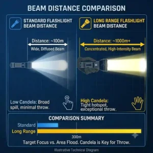 An infographic illustrating the beam distance comparison between a standard flashlight and a high-performance long range flashlight.
