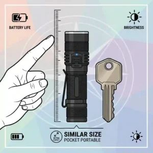 An illustration comparing the miniature size of a pocket flashlight rechargeable next to a standard set of house keys.
