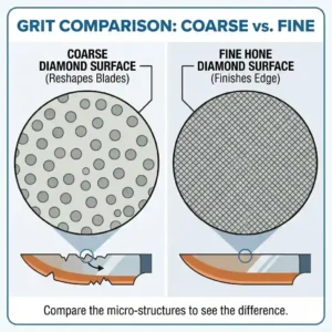 Macro comparison view of the grit on a coarse and fine diamond sharpener.