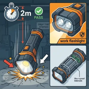 Shockproof and durable work flashlight surviving an impact drop test on concrete.