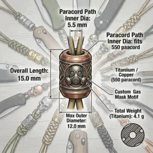 Step-by-step illustration demonstrating how to tie a paracord lanyard knot to secure a decorative knife bead.