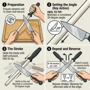 An illustration demonstrating the correct 20-degree angle for sharpening a blade on a ceramic knife sharpener.