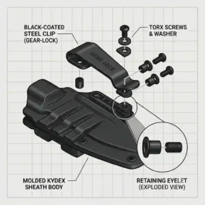 Illustration demonstrating how to attach an aftermarket knife belt clip to a molded Kydex sheath using specific hardware.
