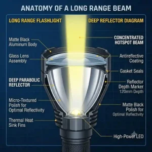 A technical diagram showing the deep reflector design of a long range flashlight that enables a tight, far-reaching hotspot.