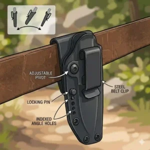 An infographic showing vertical and horizontal carrying positions achieved by using a versatile knife sheath belt clip system.