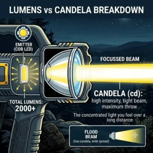 A helpful diagram explaining how high candela creates a tightly focused beam, proving why candela matters more than raw lumens when choosing the best spotlight for long distance.