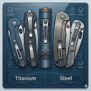 Illustration highlighting the differences between a titanium pocket clip and a stainless steel clip, emphasizing durability and flexibility.
