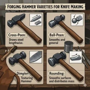 Different types of blacksmith hammers used as knife forging tools to manipulate hot metal.