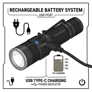 A vector diagram showing a pocket flashlight rechargeable battery system with a modern USB type-C port and power indicator.