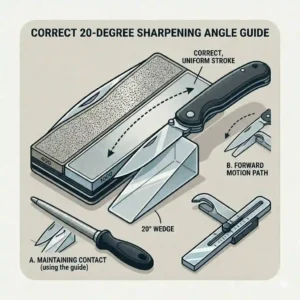 Graphic showing the precise 15 to 20-degree angle to maintain when using manual diamond knife sharpening tools on a kitchen knife.