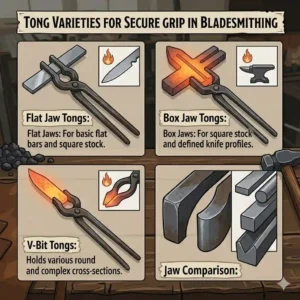 Specialized blacksmith tongs, crucial knife forging tools for securely holding hot steel during the smithing process.