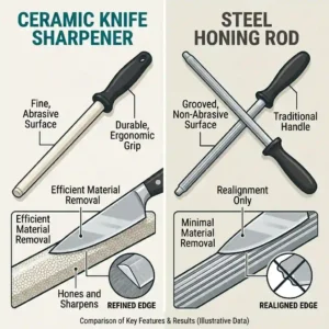 A side-by-side comparison illustration showing the material differences between ceramic knife sharpeners and traditional steel honing rods.