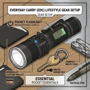 An everyday carry gear layout featuring a wallet, keys, pocket knife, and a sleek pocket flashlight rechargeable device.