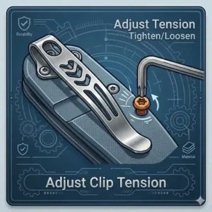 Step-by-step instructional graphic showing how to safely adjust the tension of a loose metal pocket clip using a small tool.