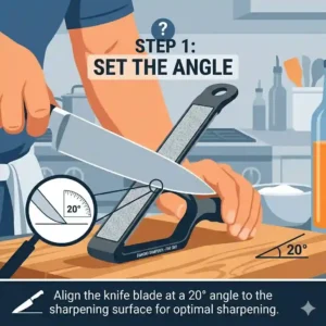 Step 1 of how to use a diamond sharpener, illustrating the correct 20-degree blade angle.