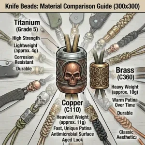 An illustrative infographic comparing different knife beads materials including titanium, brass, copper, and carbon fiber.