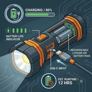 Rechargeable LED work flashlight showing the USB charging port and battery indicator lights.