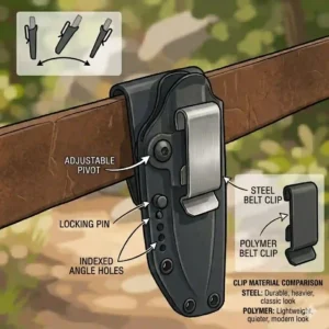 A side-by-side comparison between a stainless steel knife sheath belt clip and a lightweight tactical polymer clip.