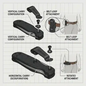 Side-by-side comparison showing the same folding knife oriented vertically and horizontally (scout carry) using the identical knife belt clip.