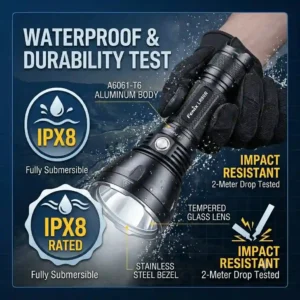 An illustration of a durable, waterproof long range flashlight being sprayed with water to demonstrate its rugged IPX8 rating.