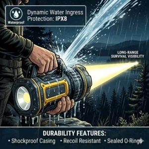 An illustration of a heavy-duty, waterproof marine spotlight being sprayed with water, highlighting long-range durability for boating and outdoor survival.