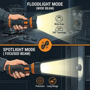 Comparison of floodlight and spotlight beam modes on an adjustable work flashlight.