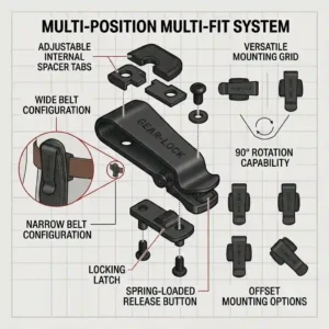 Diagram of a complex, adjustable locking multi-fit knife belt clip system with internal tabs to fit different belt widths.