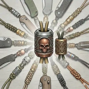 Graphic illustrations of unique skull-shaped and geometric knife beads for everyday carry customization.