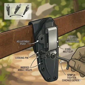 A step-by-step visual guide showing how to securely mount a metal knife sheath belt clip onto a sheath using Chicago screws.