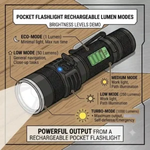 An infographic illustrating the different brightness modes of a powerful pocket flashlight rechargeable from low eco-mode to high turbo-mode.