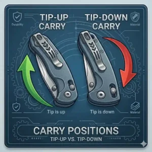 Diagram explaining the differences between tip-up and tip-down pocket clip orientation on a folding pocket knife.