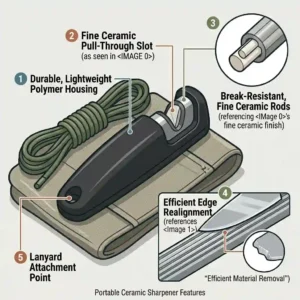 A minimalist illustration of a compact, pocket-sized ceramic knife sharpener next to outdoor camping gear.