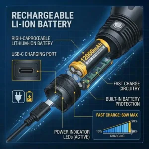 An illustration highlighting the high-capacity rechargeable battery and USB-C port of a modern long range flashlight.