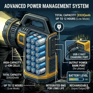 A breakdown illustration showing lithium-ion battery capacity and USB-C charging ports on a premium long-distance spotlight.