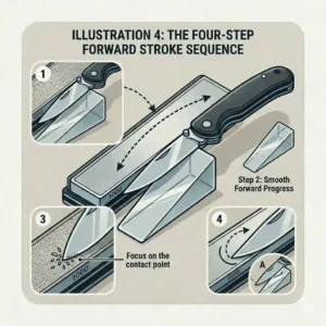Step-by-step sequence illustration demonstrating how to correctly use different diamond knife sharpening tools to restore a sharp edge.